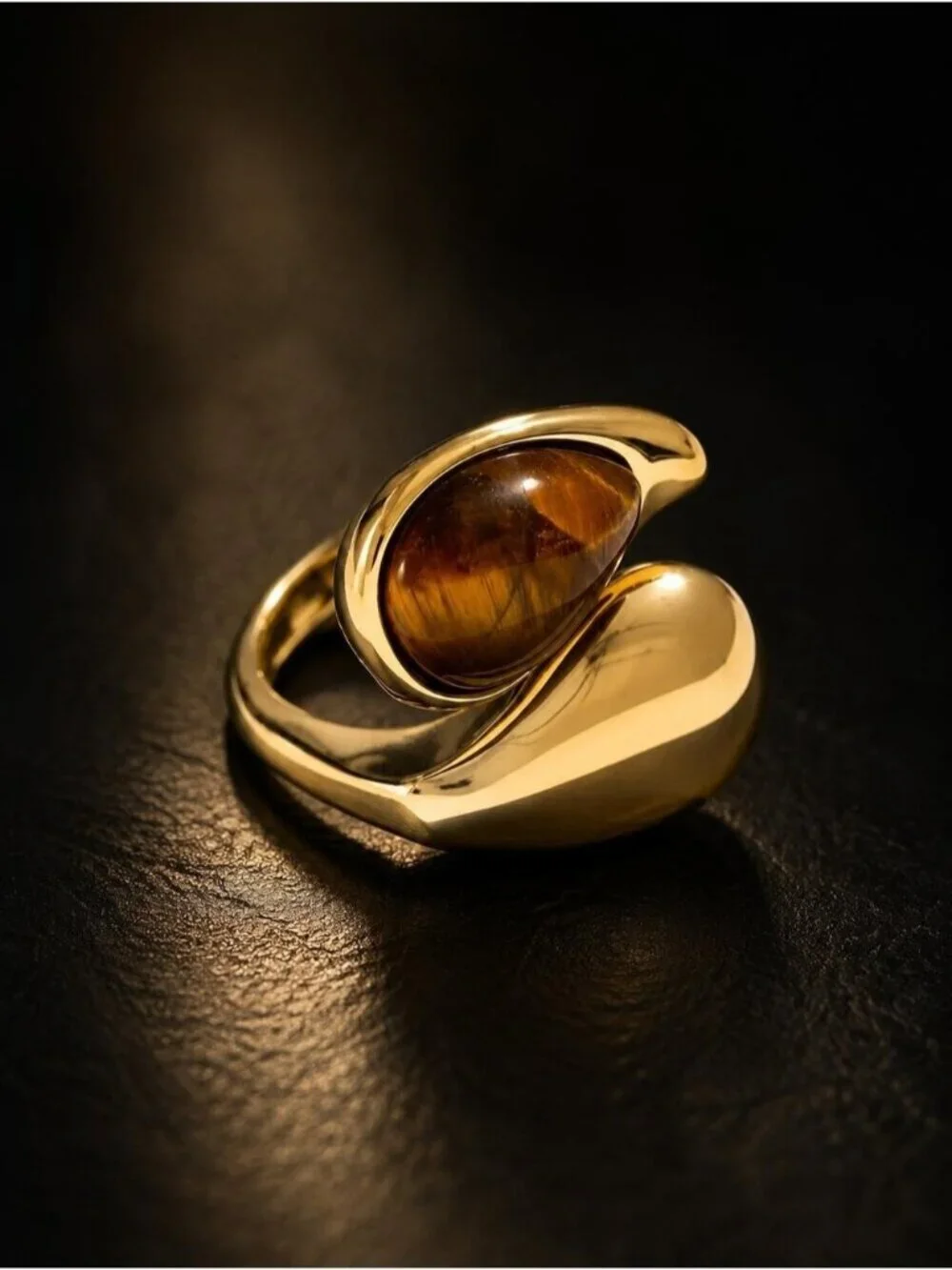 Gold plated Open Ring with Brown Teardrop Pearl